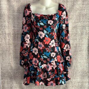 Black Floral Mini Dress M Long Sleeve Square Neck Ruffle Hem Cottagecore Chic